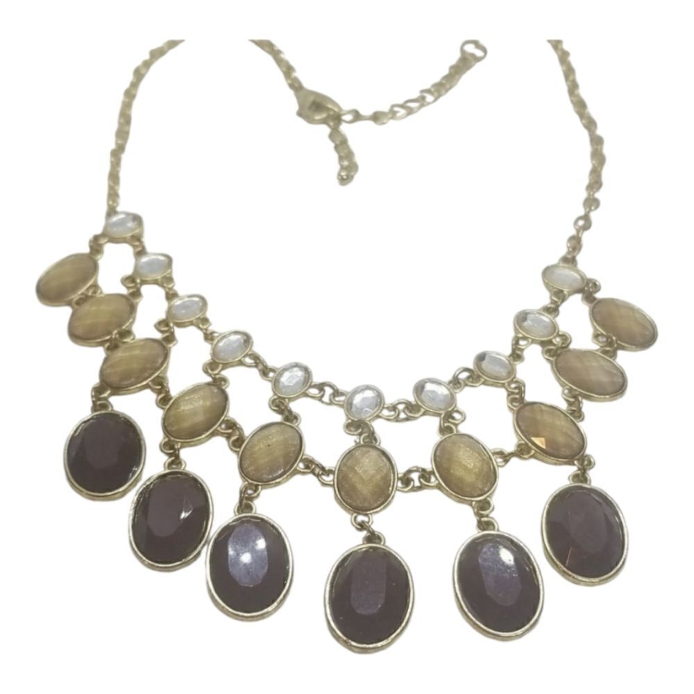 NY New York Necklace 3 Row Faceted Brown Bib Gold Necklace